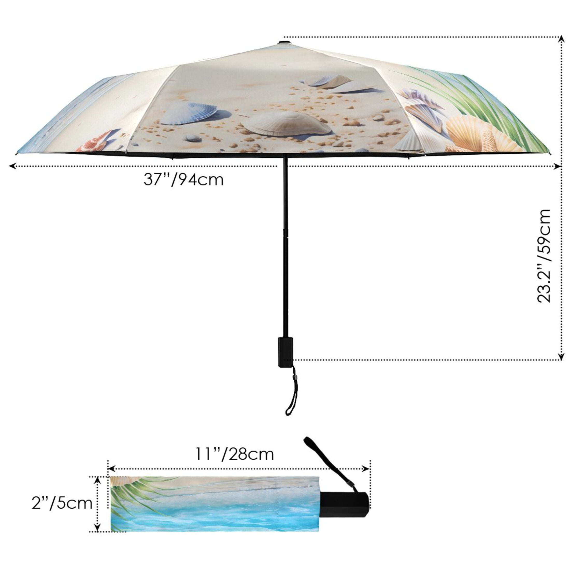 Seashell in Summer Beach Compact Folding Umbrella for Rain Windproof Travel Umbrella UPF 50+ Lightweight Packable Arc Size