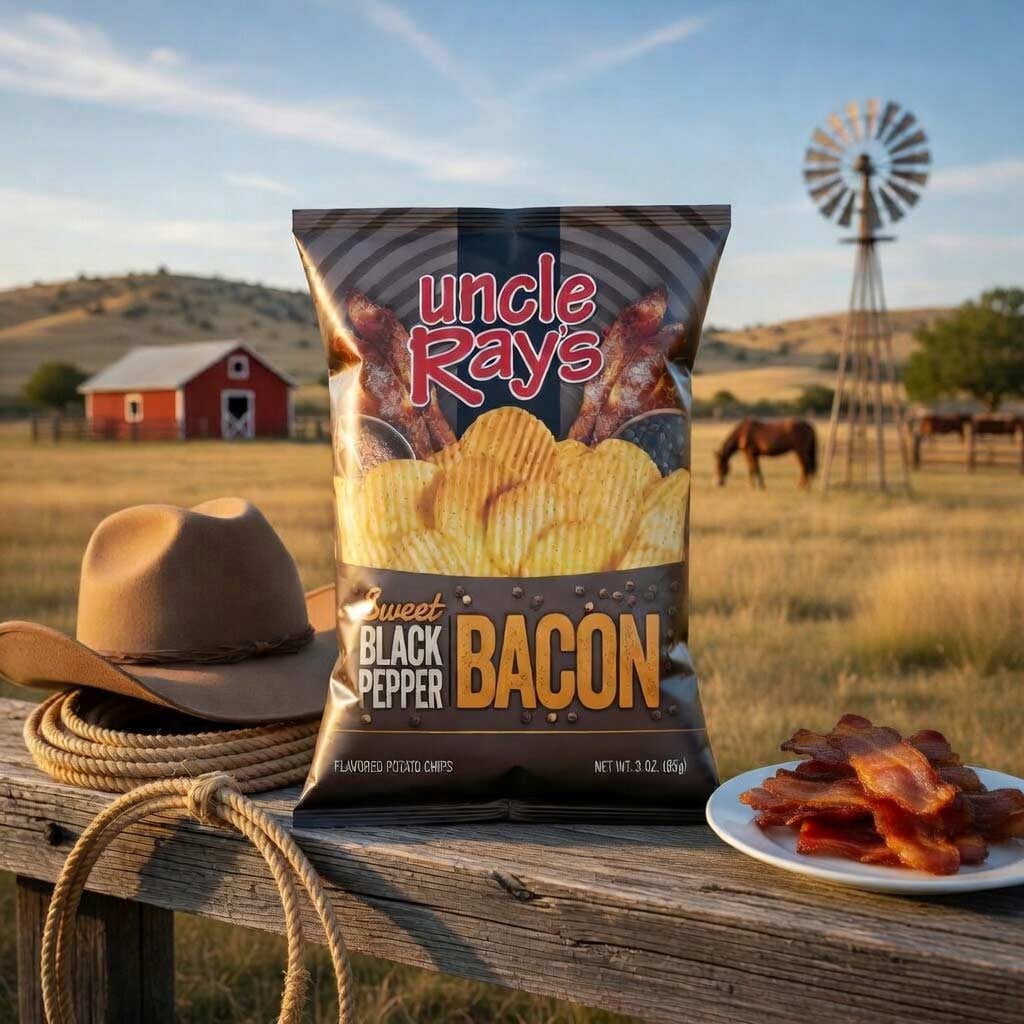 Uncle Ray’s Sweet Black Pepper Bacon Potato Chips, 1.5 oz Bags (Pack of 12) | Individual Snack Size Crispy Chips | Sweet & Smoky Bold Flavor |  Bundled by SUPERDEALS with Mystery Gift
