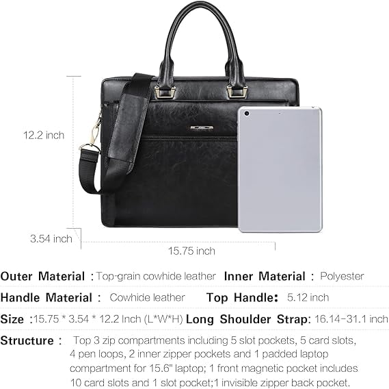 RKXQT Leather 15.6 Inch Business Briefcase for Women with 2 Zipper Compartments Laptop bag