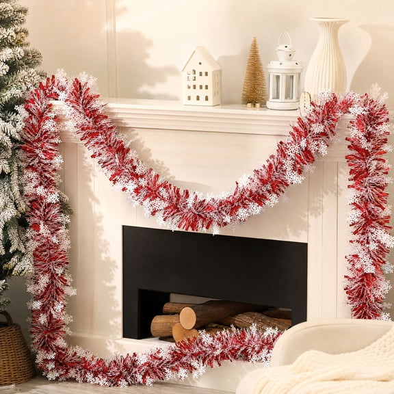 6.56FT Red White Christmas Tinsel Garland with Snowflake, Shiny PET Foil Garland Decor for Christmas Tree, Party, Indoor Outdoor Xmas Ornaments