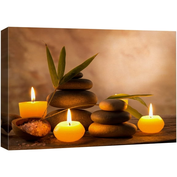 wall26 Canvas Print Wall Art Candles with Massage Stones in Romantic Brown Atmosphere Floral Nature Photography Realism Bohemian Scenic Relax/Calm Cool for Living Room, Bedroom, Bathroom - 32"x4