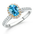 thumbnail image 2 of Gem Stone King 10K White Gold Swiss Blue Topaz Lab Grown Diamond Halo Engagement Ring for Women (1.31 Cttw, Oval 7X5MM, Gemstone November Birthstone, Size 7), 2 of 4
