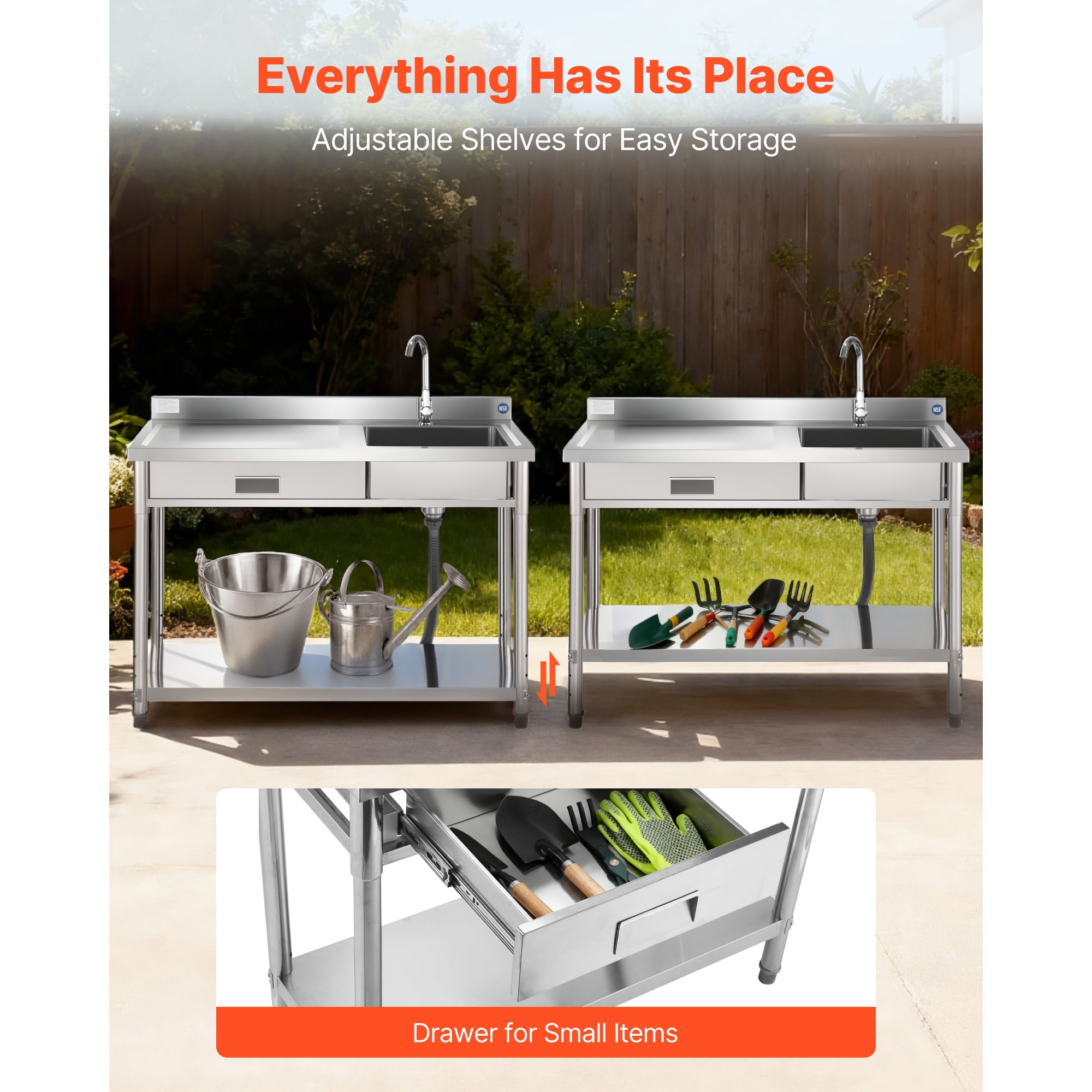 KFFKFF NSF-Certified Stainless Steel Utility Sink with 360° Rotating Faucet, Drawer, and Adjustable Storage Rack, 47 x 20 x 37 in.