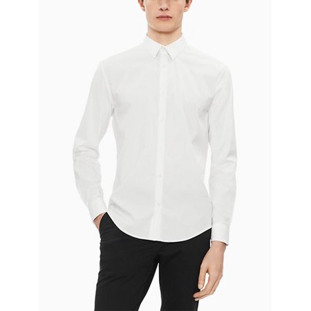 Calvin Klein Men's Essentials Slim Fit Solid Logo Button Down Shirt, Standard White, Small