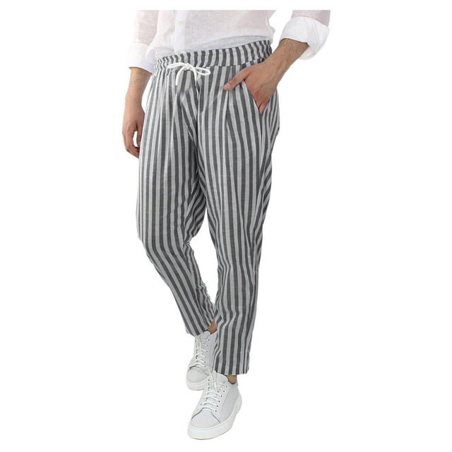 Pantalons en Coton et en Lin à Rayures Décontractés et Respirants