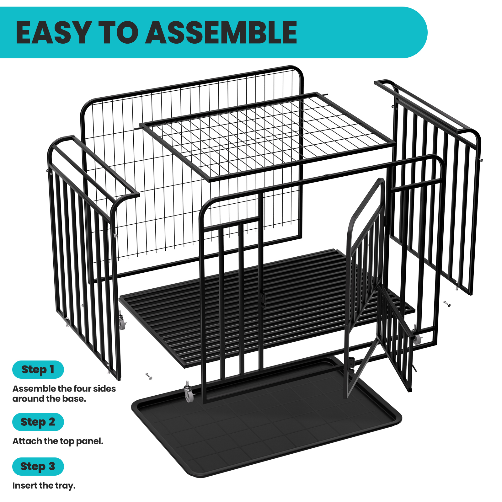 43.5 Inch Heavy Duty Dog Crate Kennel with Wheels, 200lbs Capacity, Escape Proof Dog Cage,Dog Crates with Removable Plastic Tray