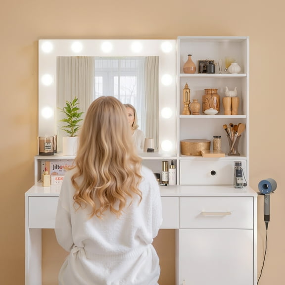 Bigleap Vanity with Mirror and 11 LED Lights, Makeup Vanity Desk with 3 Drawer, 4 Shelves, 1 Cabinet, Dressing Table for Bedroom, White