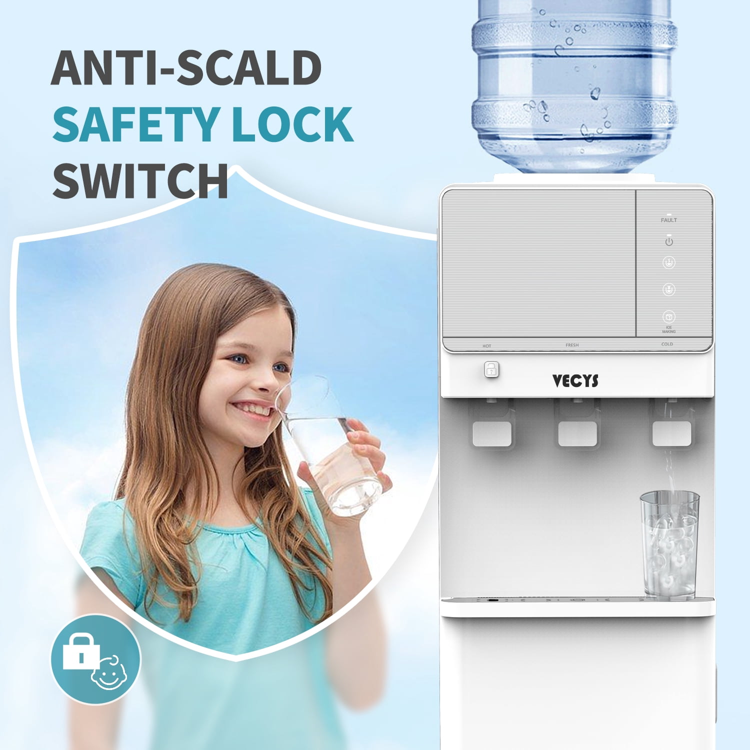VECYS Countertop Hot Cold Water Dispenser with Ice Maker, 27 lbs Daily Ice, Child Lock