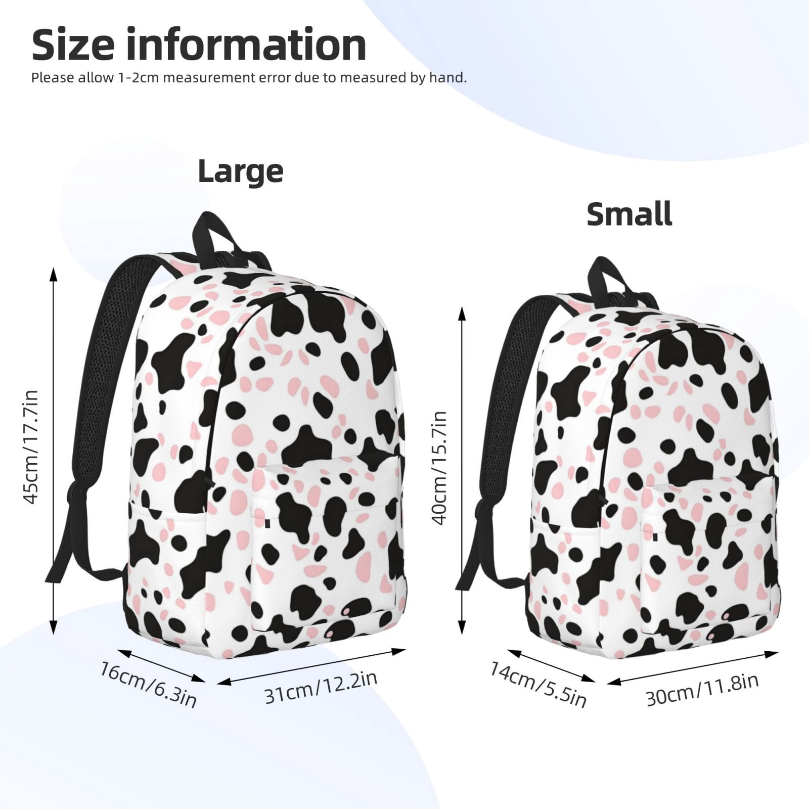 Casual Canvas Backpack Without Interlayer Large Capacity Stick Bag Design For Outdoor Shopping Office Outdoor Sports Simple Cow Print Pattern White Background, Pink And White_1 Medium