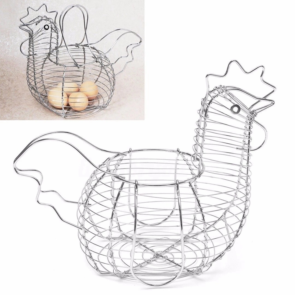 Silver Metal Wire Egg Basket with Chicken Shape Design, Farm Fresh Egg