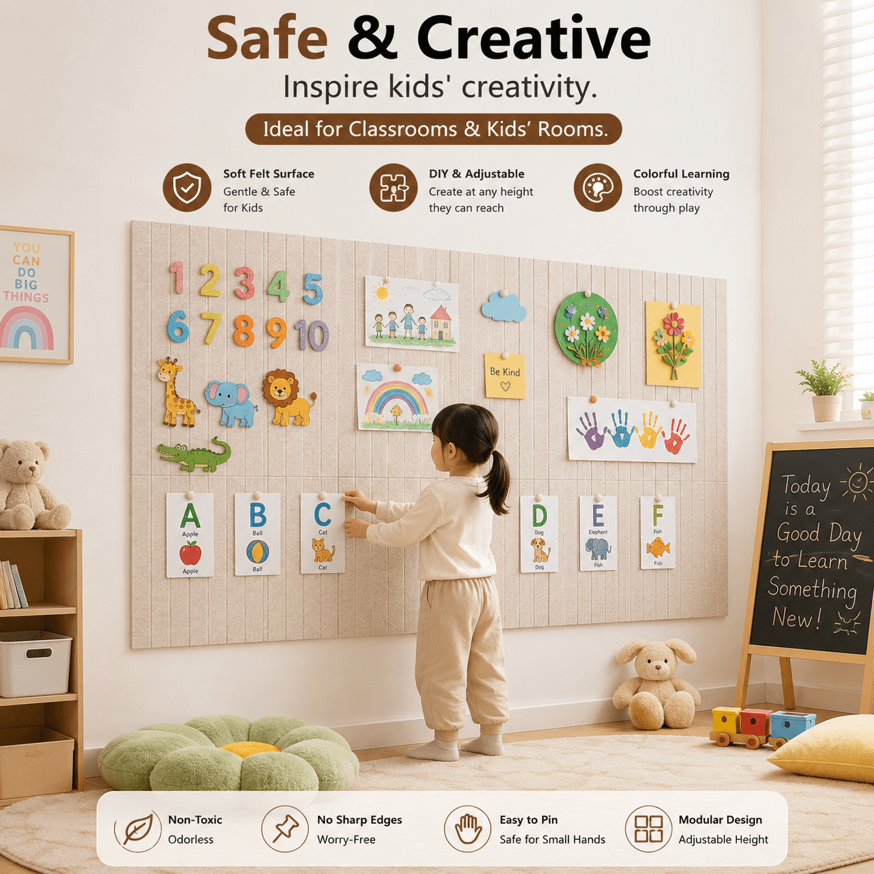 Large Felt Bulletin Board 48" x 36" – Cork Board Alternative, 12 Pack with 70 Safe Removable Adhesive Tabs, Wall Pin Board for Home Office Classroom (Oatmeal)