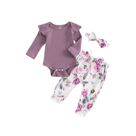 

Baby Girl Fall Outfit Ribbed Long Sleeve Romper Floral Pants Headband