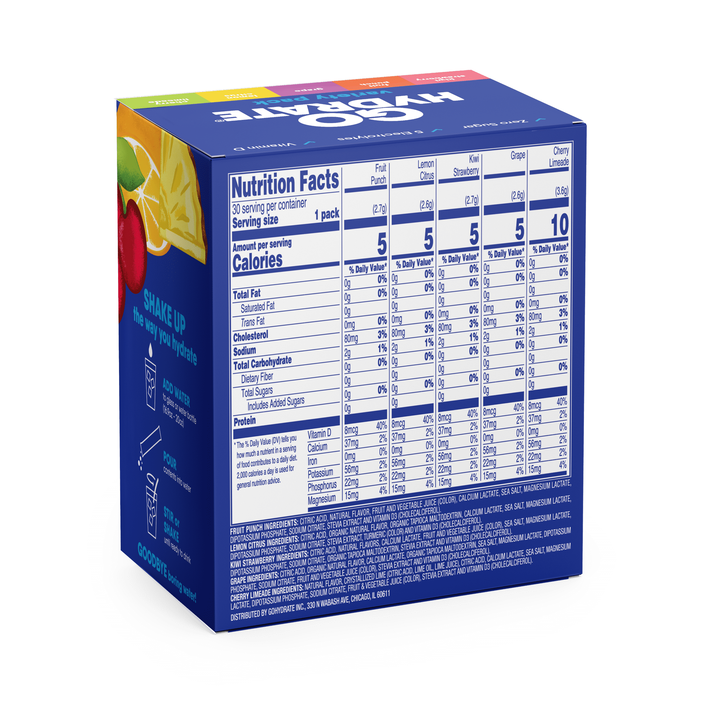 Electrolyte Hydration Drink Mix with Vitamin D, Non GMO Electrolyte Powder Hydration Pack, Mixed Flavors, 30 Hydration Powder Packets - GoHydrate