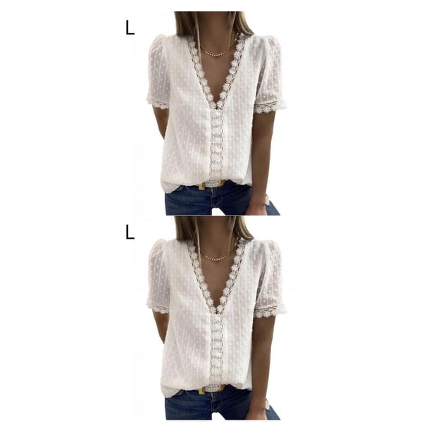 Qarigey Camiseta de chifón para mujer, blusa de encaje lavable transpirable colorida con cuello en V, camisa de trabajo para deportes al aire beis blanco L 2piezas