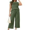 thumbnail image 4 of 2 Piece Sets for Women Summer Lounge Sets Travel Vacation Outfits Cap Sleeve Sweatsuit Wide Leg Pants Army Green S, 4 of 6
