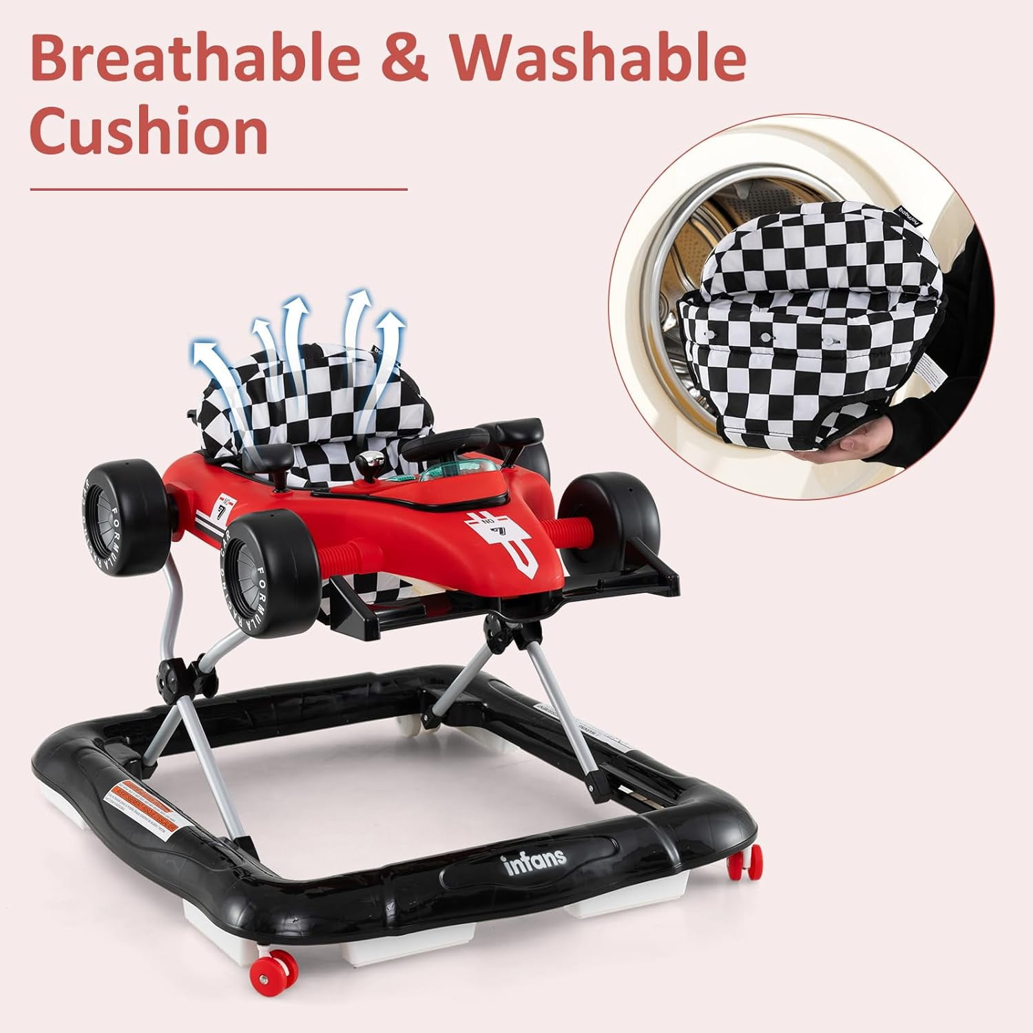 INFANS 4 in 1 Baby Walker, Foldable Toddler Activity Center with Adjustable Height, Padded Seat, Music, Light, Removable Toy Tray, Push Walker for Girls Boys Aged 6-18 Months