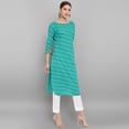 thumbnail image 5 of Janasya Indian Keyhole Neck Roll-up Sleeve Leheriya Sea Green Cotton Kurta For Women, 5 of 7