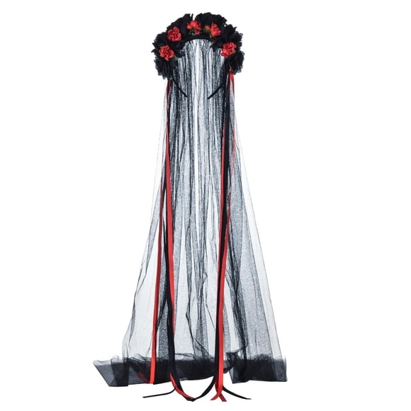 Delicada diadema de flores del Día de los Muertos, disfraz de día de los muertos, tocado de Halloween (velo negro)