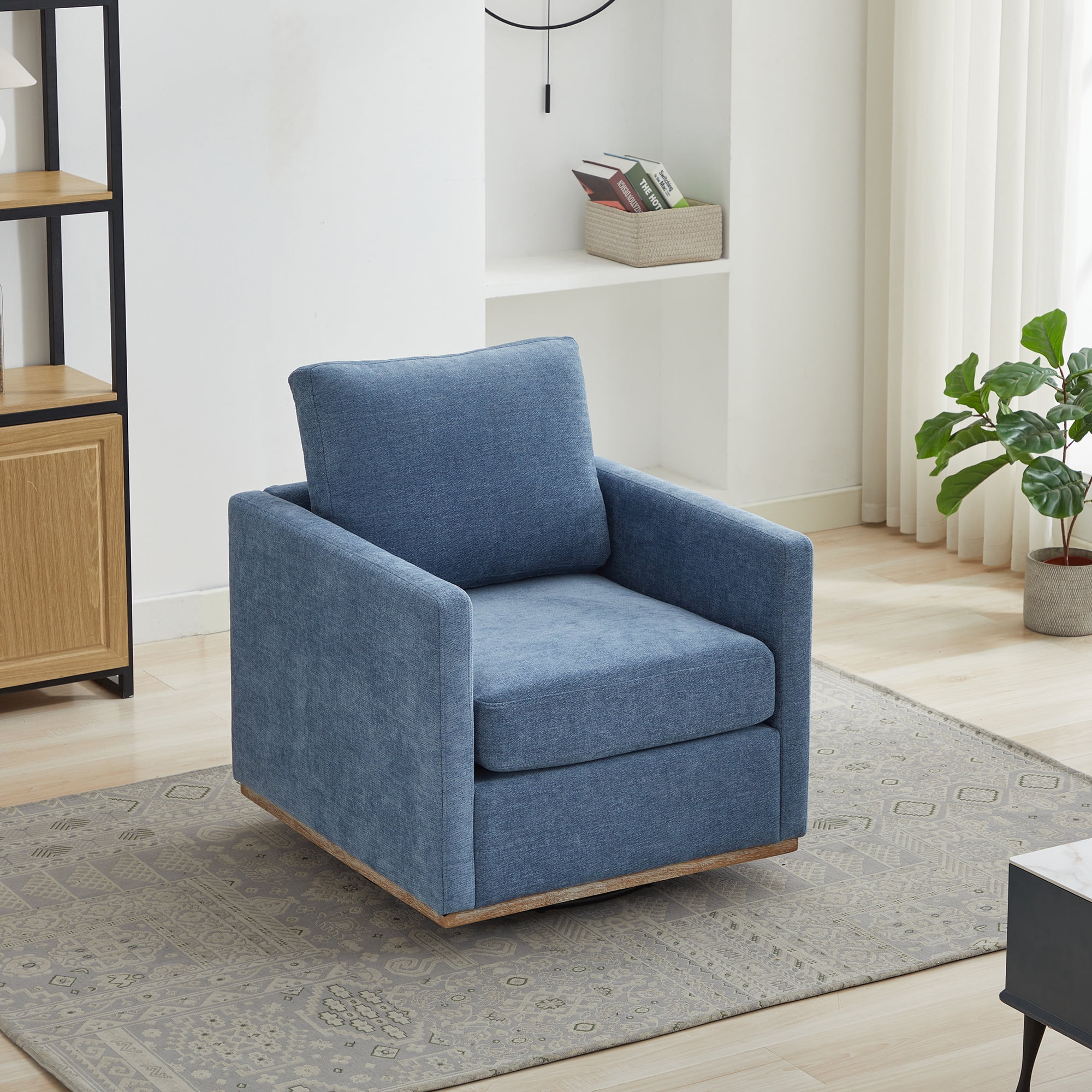 360° Swivel Accent Chair Chenille Arm Chair Upholstered Single Sofa Chair with Wooden Base,Club Lounge Reading Armchair for Living Room Bedroom Apartment,Blue
