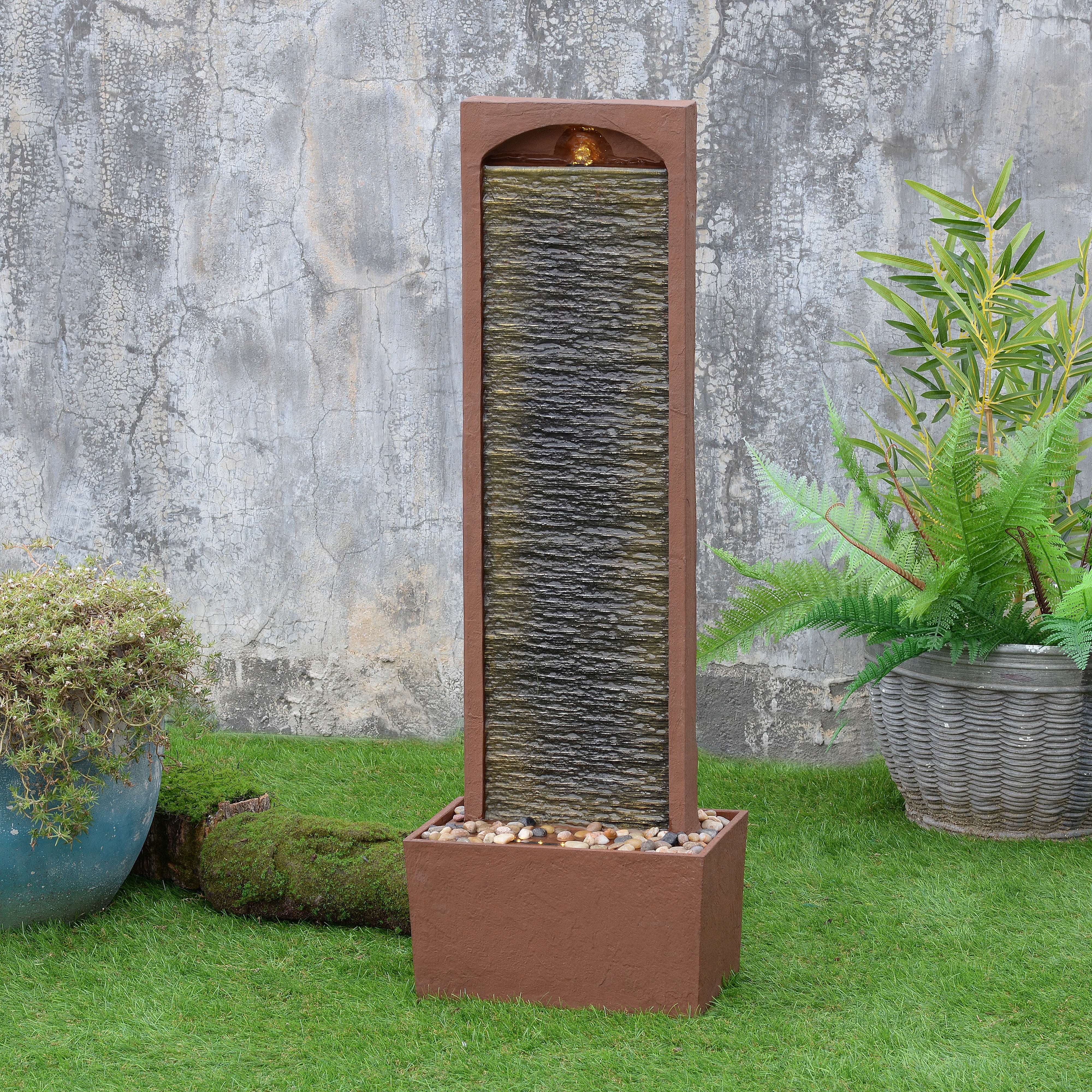 Teamson Home 38.5" Faux Slate Contemporary Outdoor LED Waterfall Fountain with Pebble Base, Red Rock