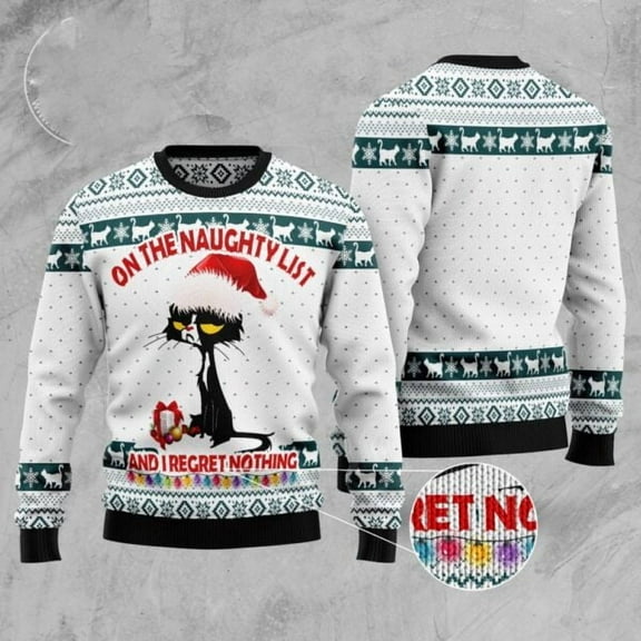 Black Cat Naughty List Ugly Christmas Sweater, Christmas Cat Ugly Sweater, Ugly Cat Xmas Sweater