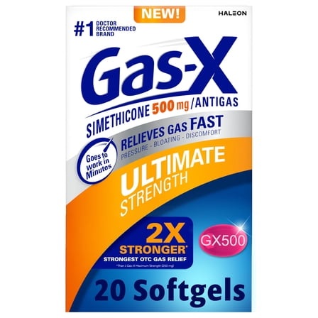 Gas-X Ultimate Strength Gas Relief Softgels With Simethicone 500 Mg, Fast Bloating Relief, Anti-Gas, Otc Stomach & Intestinal Gas, Easy to Swallow, 20 Count