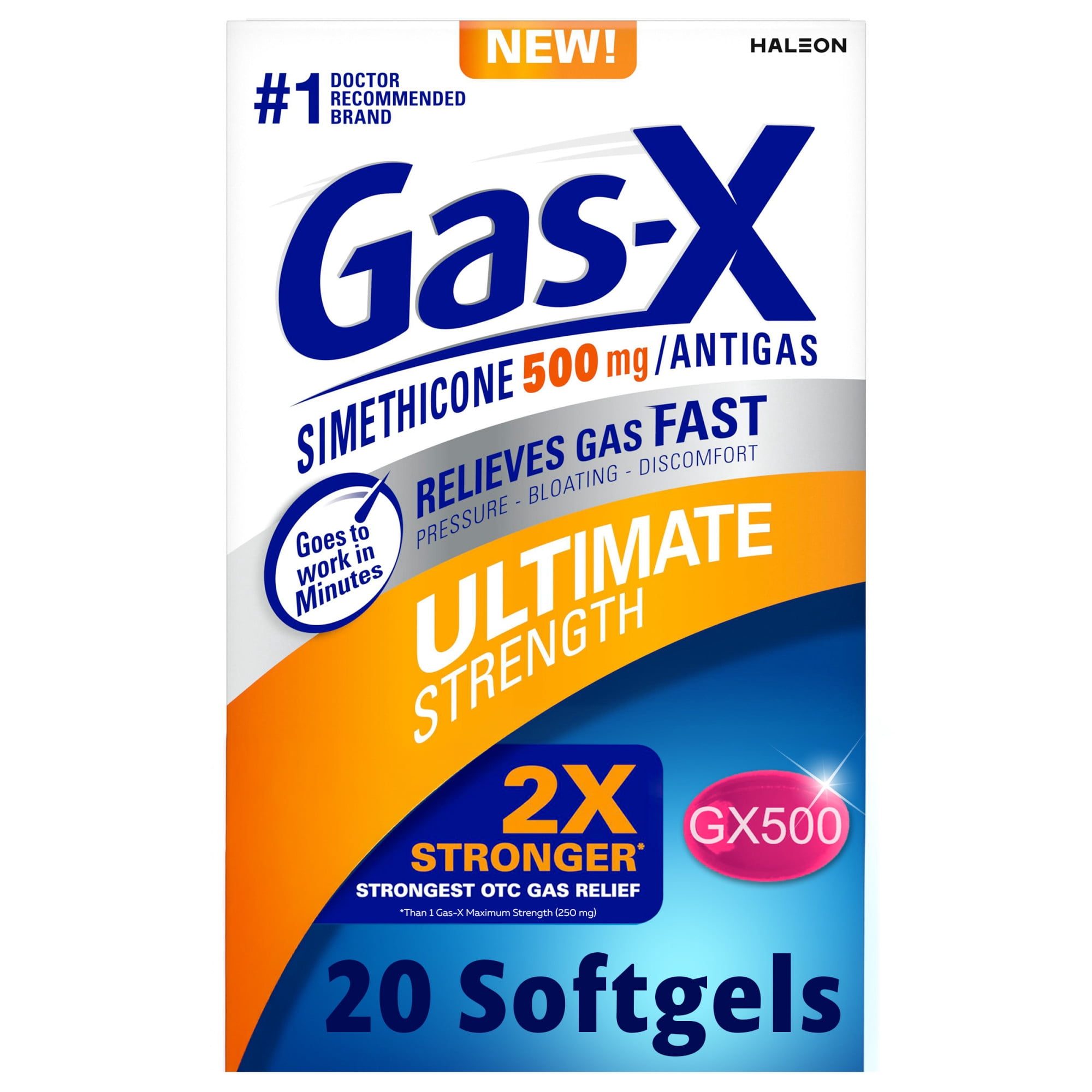 Gas-X Ultimate Strength Gas Relief Softgels With Simethicone 500 Mg, Fast Bloating Relief, Anti-Gas, Otc Stomach & Intestinal Gas, Easy to Swallow, 20 Count
