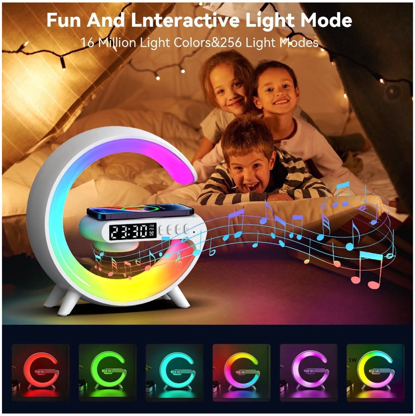Zerak Mini G-Shaped Smart Wireless Speaker & Charger – 10 Light Effects, Bluetooth Audio, Wake-Up Light Alarm Clock, Night Light Lamp