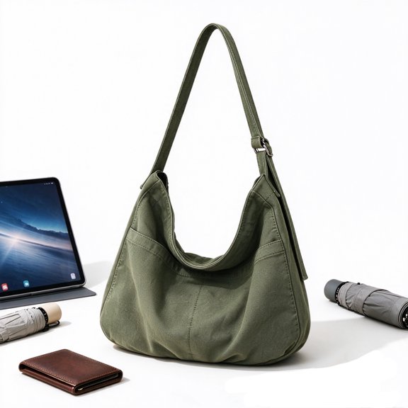 Canvas Tote Bag, Unisex Canvas Crossbody Bag with Zipper and Adjustable Strap, Eco-Friendly Reusable Bag for Shopping Work Travel Daily Use, Green