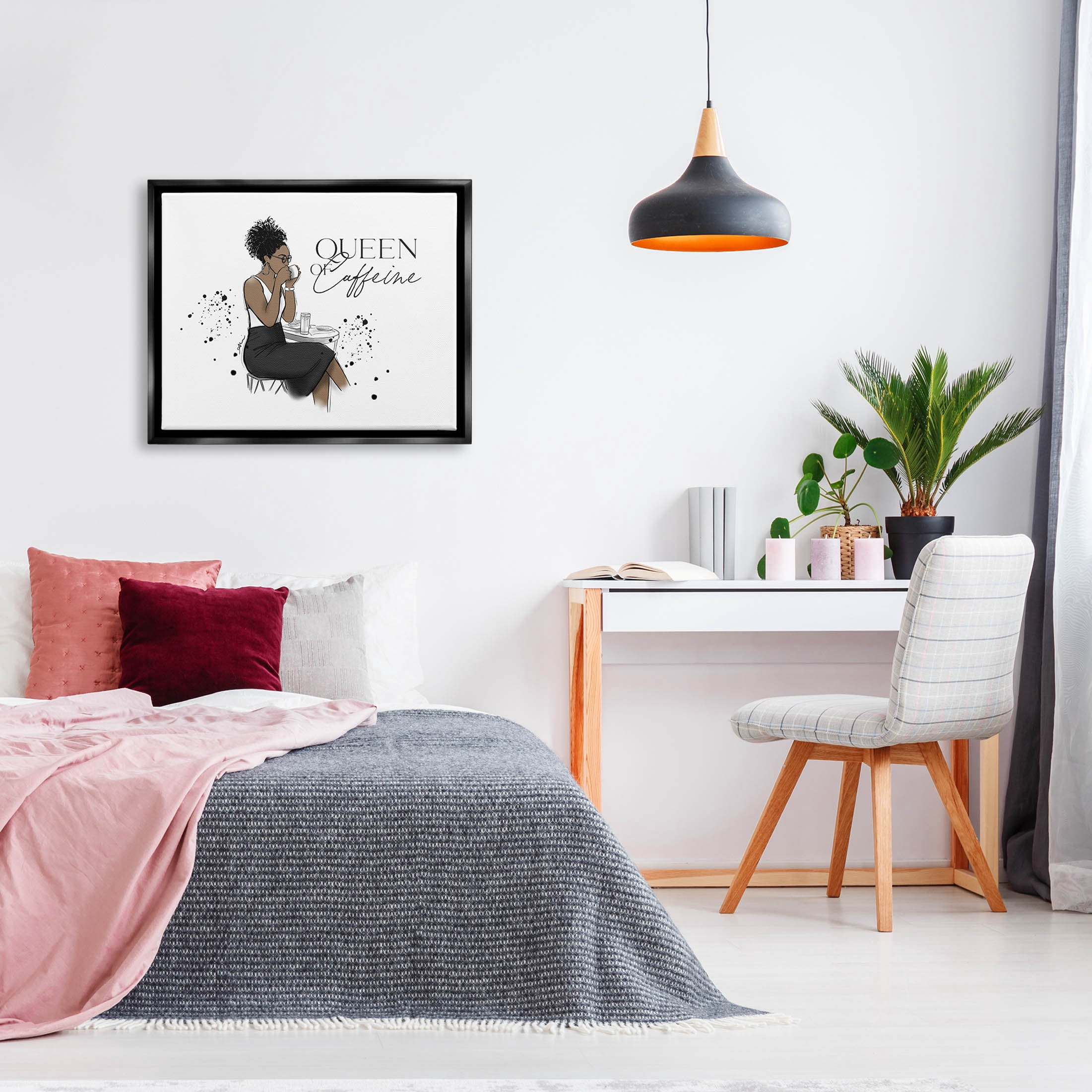 Stupell Industries Queen Of Caffeine Girl Graphic Art Jet Black Floating Framed Canvas Print Wall Art, Design by Alison Petrie