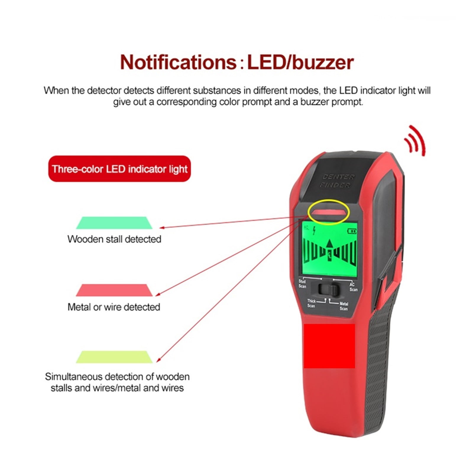 Wall Scanner Detector Non Ferrous Metal Stud Finder AC Voltage Live Wire Wood Detect Copper With Buzzer Indication