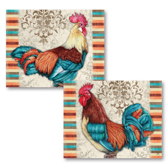 Gango Home Decor Traditional Retro Teal and Brown Rooster Set; Kitchen Décor by Onna K (Printed on Paper); Two 14x11in Unframed Paper Posters