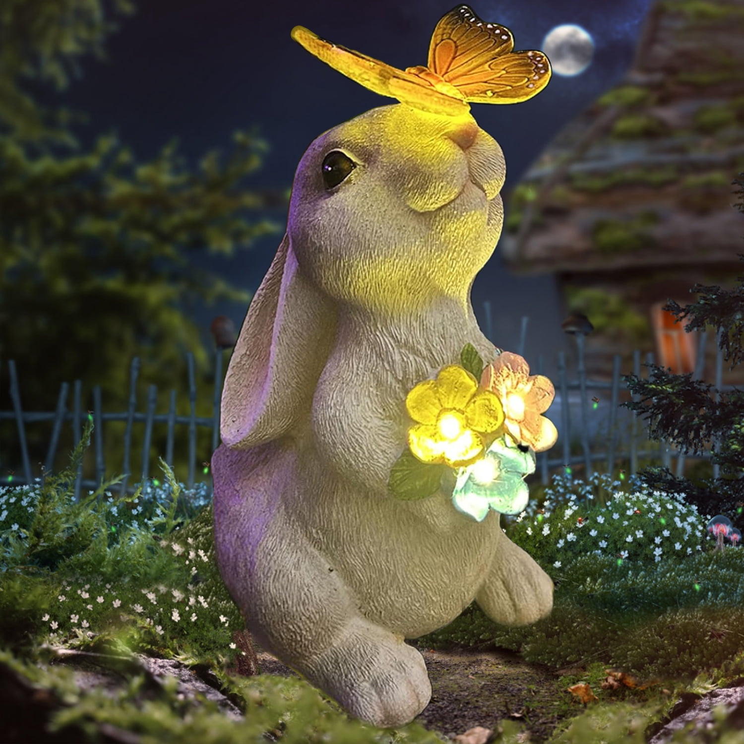 Rirool Solar Rabbit Garden Statue with LED Lights & Butterfly - Hand-Painted Outdoor Decor for Lawn, Patio - Waterproof Easter Gift for Women, Mom