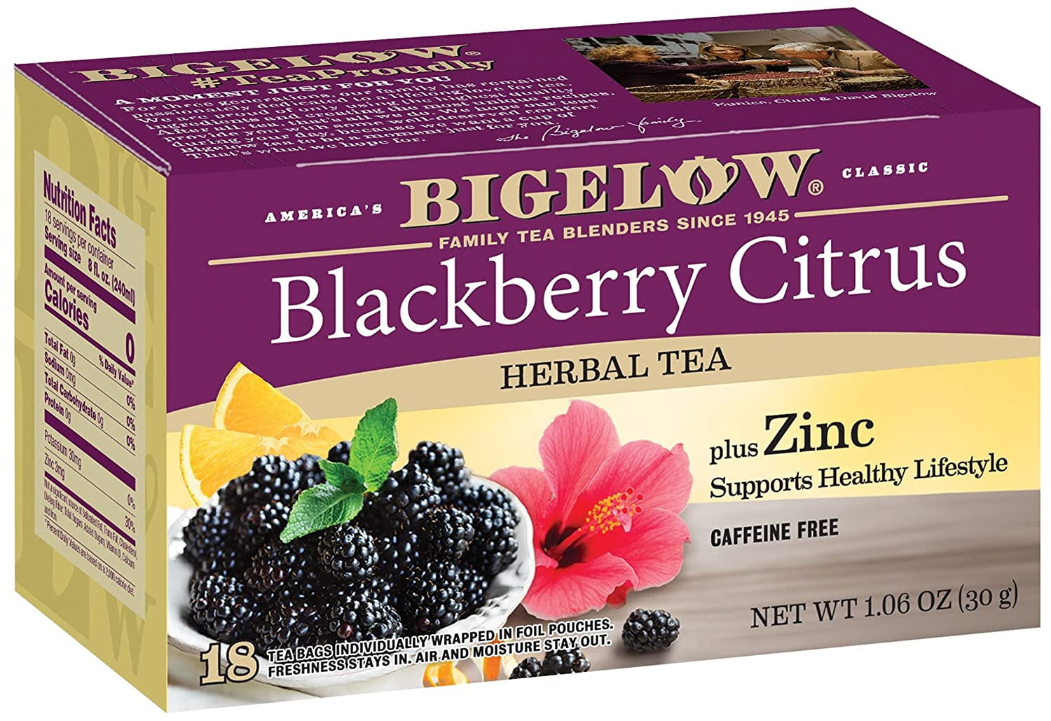 Bigelow Blackberry Citrus Plus Zinc Herbal Tea, Caffeine Free, 18 Count Box