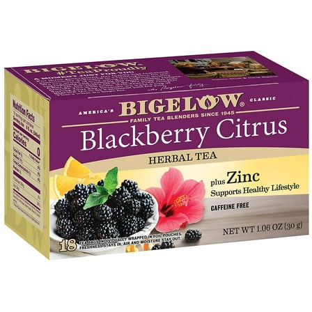 Bigelow Blackberry Citrus Plus Zinc Herbal Tea, Caffeine Free, 18 Count Box
