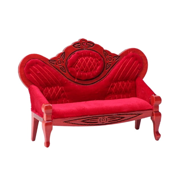 Sofá de casa de muñecas a escala 1:12, sofá de casa de muñecas, sofá de dos plazas, decoración de madera, escena del hogar, artesanía Rojo oscuro