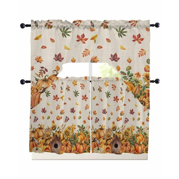 Thanksgiving Pumpkins Kitchen Curtains Sets 36 Inch Length with Valance, Fall Leaves Vintage Flowers Country Swag Valances and Tiers Curtain Set Drapes Swag Curtains for Living Room, Bathroom