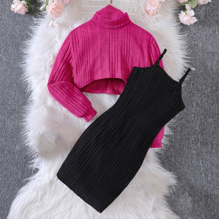 Daqian (8-12Years) Knit Turtleneck Long Sleeve Cowl Top + Camisole Black  Dress 2 Piece Set Big Girls Dresses Holiday Dresses for Girls Holiday  Outfit Red 12-13 Years - Walmart.com