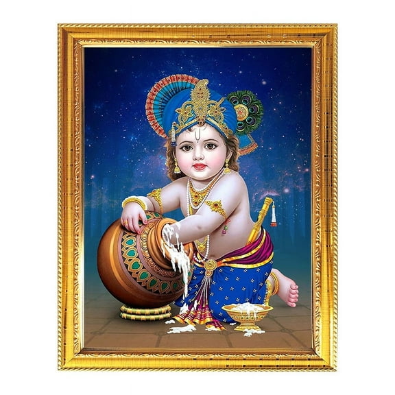 Little Krishna Religious Photo Frame Puja Room Temple Wall Hanging Gift Home Decor With Golden Lamination For Worship 7.8 X 11.4
