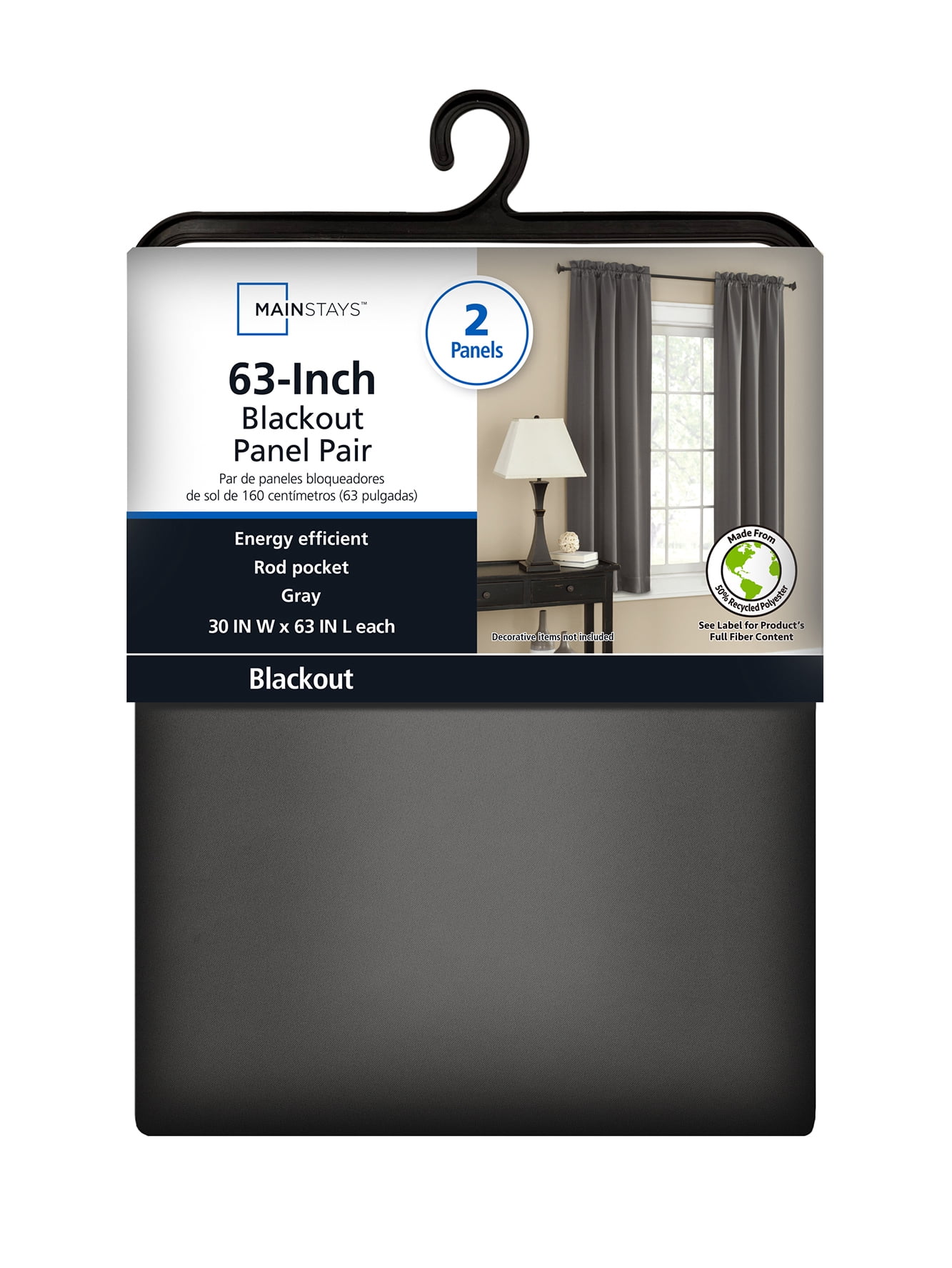 Mainstays Blackout Curtain Panel Pair, Set of 2, Gray, 30"W x 63"L