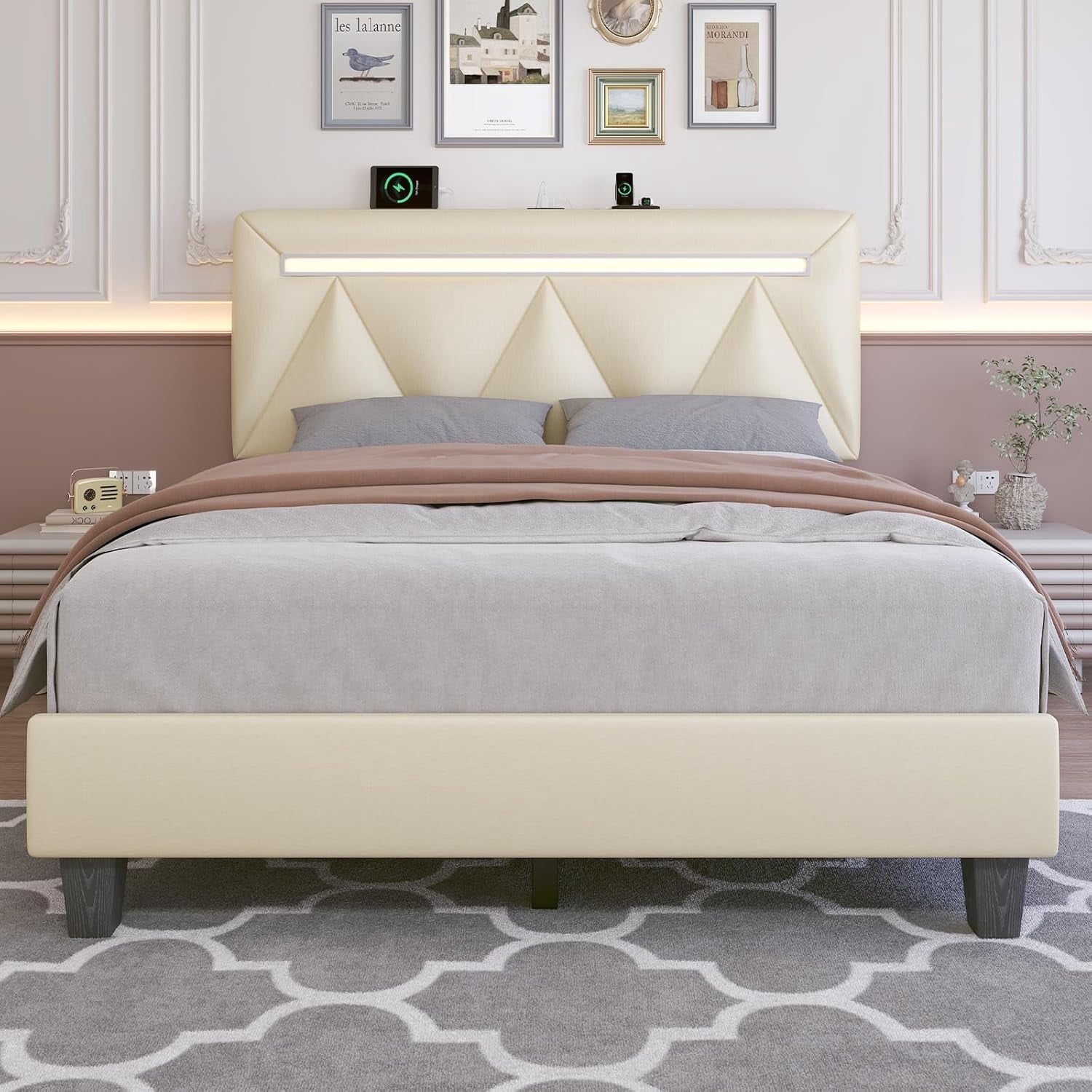 Holiway Full Upholstered Bed Frame with Adjustable Headboard, LED Bed Frame with Charging Station, Beige