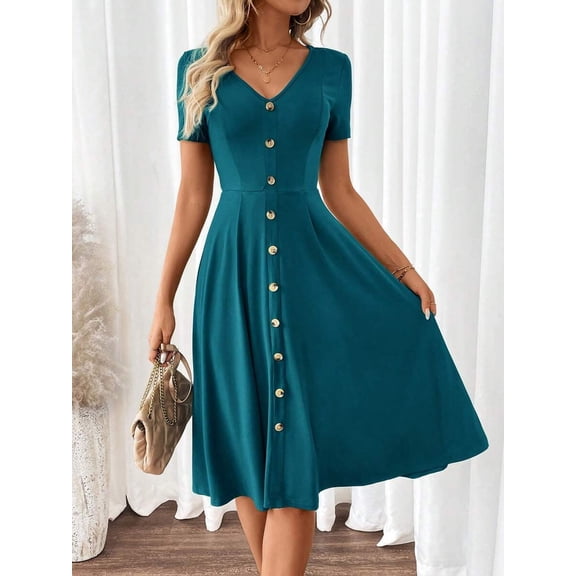 Teal Blue V-Neck Short Sleeve Fit & Flare Midi Dress With Gold-Tone Button Front
