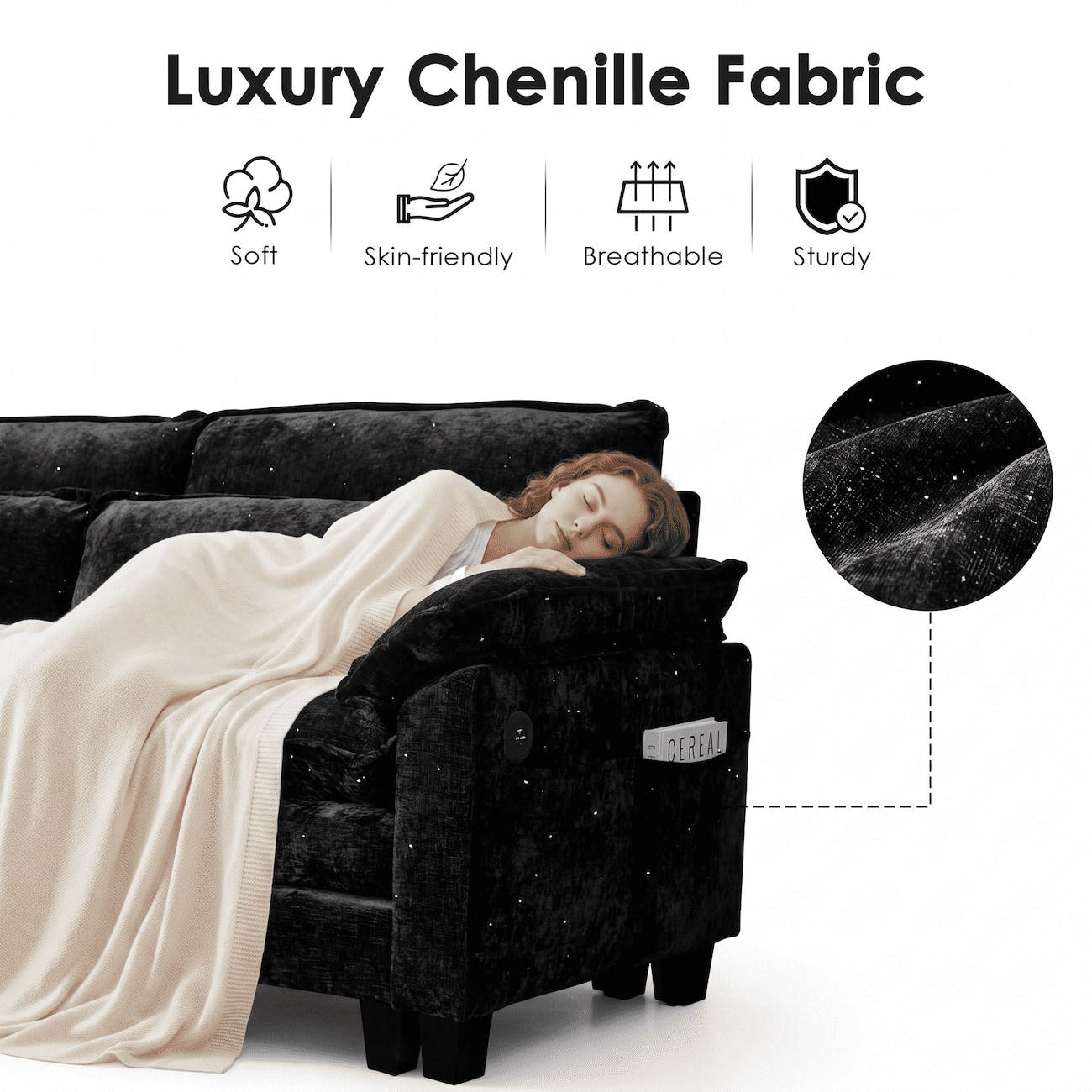 148" Convertible Cloud Sectional Sofa, Modern Chenille L Shaped Couch with Reversible Chaise, Deep Seat 5 Seat Sectional Sofa with Pillows, Comfy Upholstered Couch for Living Room Apartment (Black)