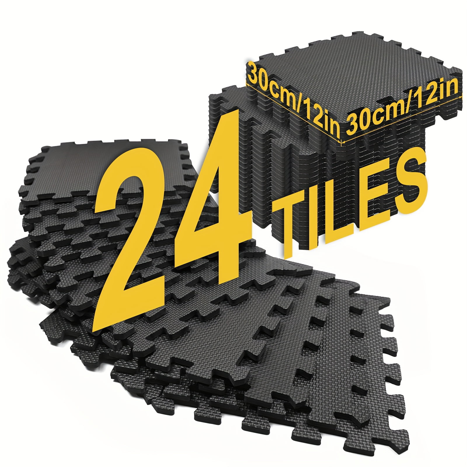 Heavy-Duty EVA Interlocking Floor Mats, 12x12 Inch 0.4" Thick Non-Slip Waterproof Foam Tiles, Black Puzzle Gym Flooring for Playroom, Yoga Studio, Indoor Outdoor Use (24 or 48 Tiles)