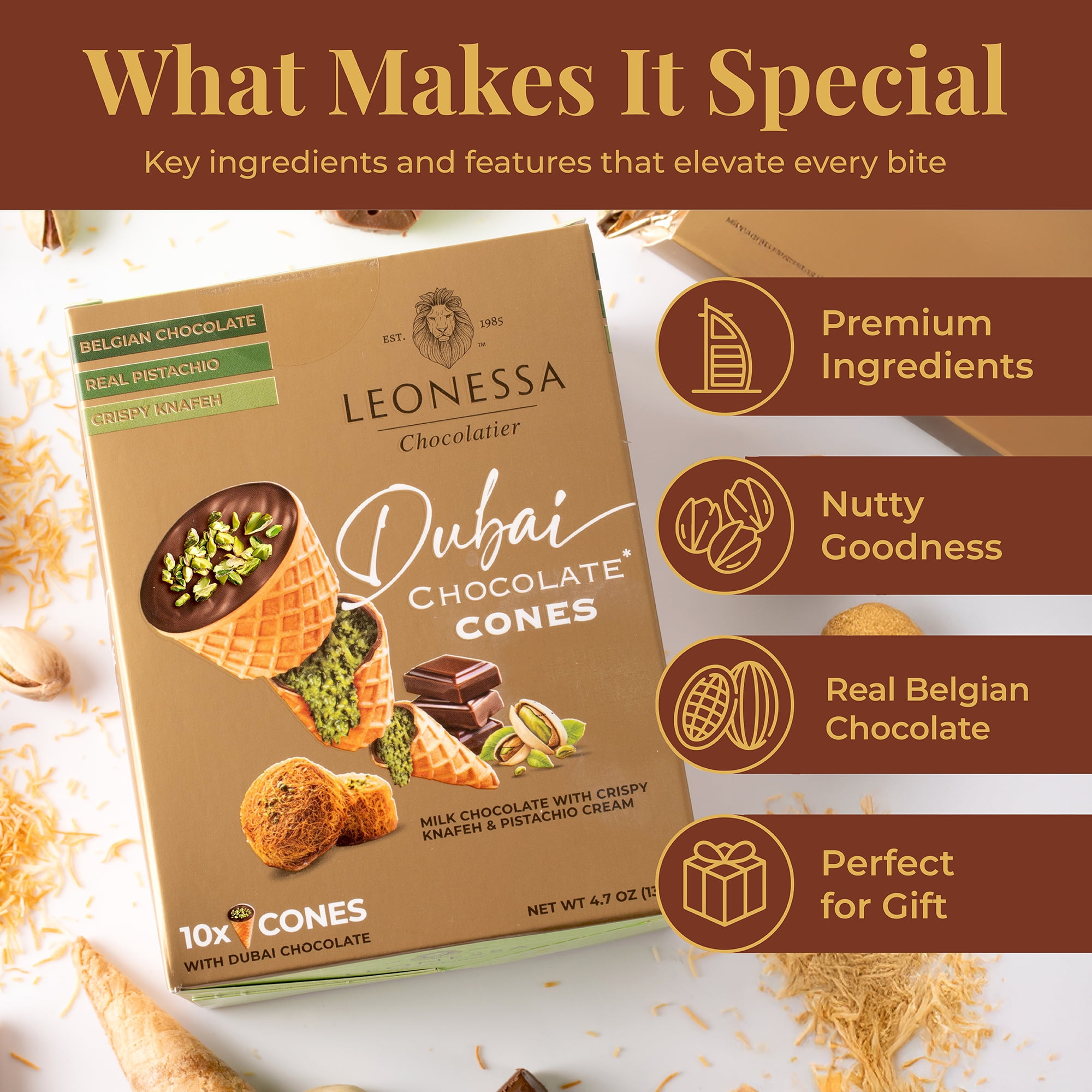 Leonessa Dubai Chocolate Cones with Pistachio Kunafa, Made with Belgian Chocolates, 4.7 oz, 10 Count