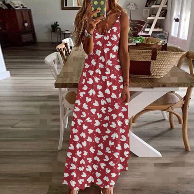 SMihono Robe Maxi Bohème d'Été pour Femmes Grande Taille Mode Décontractée d'Été avec Poches Sans Manches Imprimé Dentelle Col en V Robe de Plage Robe d'Été