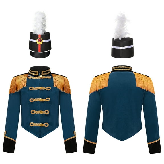 YiZYiF Kids Girls Circus Ringmaster Jacket Velvet Tassels Drummer Uniform Team Marching Band Costume Dark Blue 4