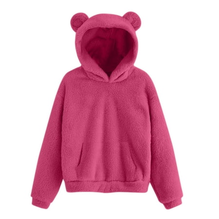 MAIHAN-Cute Bear Ears Hoodie Unisex Fleece Pullover with Cozy Hood Plush Winter Sweatshirt for Men & Women Hoodie Long Sleeve Soft Warm Fleece Homewear(Hot Pink S)