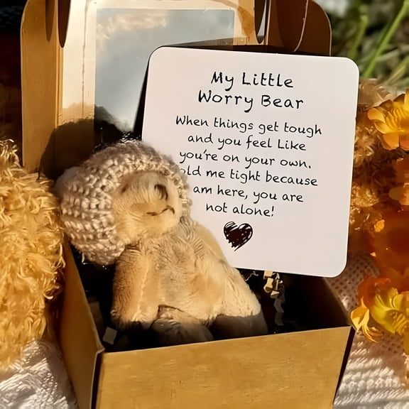 BESTSKY My Little Worry Bear Pocket Teddy with Inspirational Card Movable Arms and Legs Comfort Gift for Tools/Office (Brown)