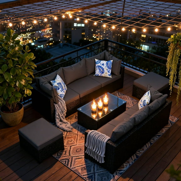 10Pcs GOJOOASIS Patio Furniture Set Outdoor Sectional Sofa with Ottoman Wicker Couch Rattan Modular Seating Conversation Sets,Grey